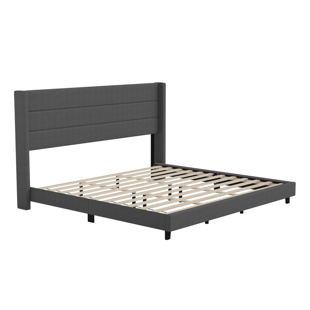 Flash Furniture Hollis Upholstered Platform Bed - Charcoal Faux Linen Wingback Headboard - King - Mattress Foundation With Slatted Supports - No Box Spring Needed