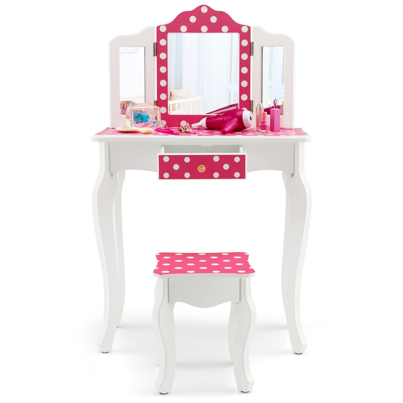 HONEY JOY Kids Vanity, Princess Makeup Vanity Set for Little Girls, Real Glass Tri-Folding Mirror, Bedroom Dressing Table & Chai