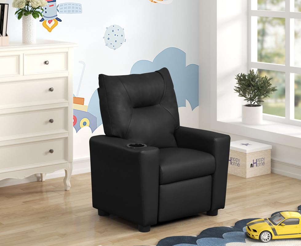 Lilola Home Perline 23' W Black PVC Fabric Kids Recliner Chair with Cupholder