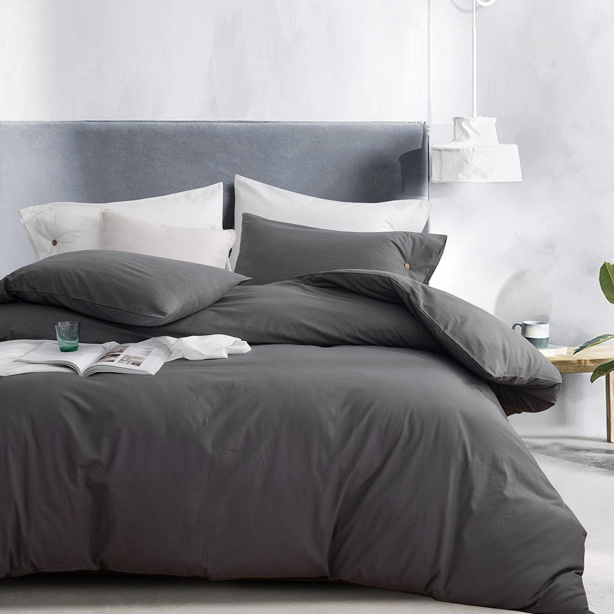 Mildly 100% Washed Cotton Duvet Cover King Size, Ultra Soft Gray Duvet Cover Set, Simple Bedding Style King Duvet Cover Cotton W