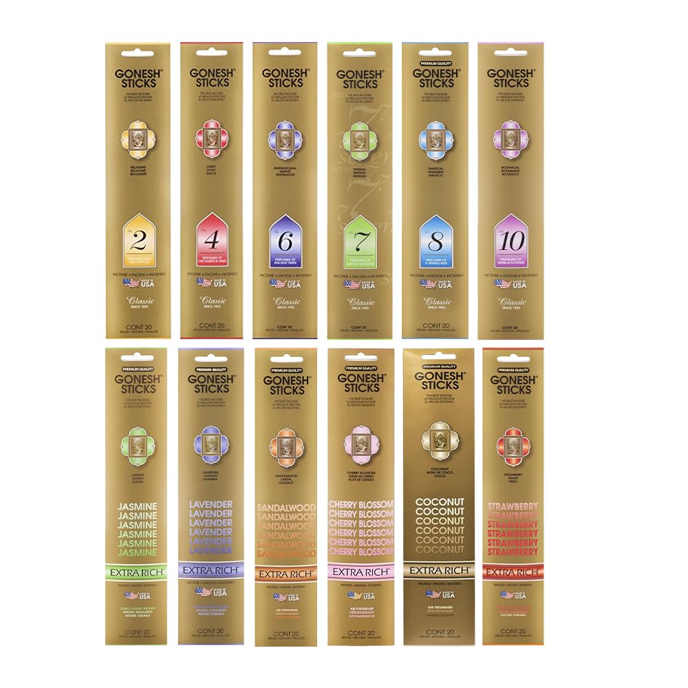 Gonesh  Incense Sticks Variety Pack  NonToxic 10 Slow Burn Aromatic Sticks  Classic Collection & Extra Rich Collection  