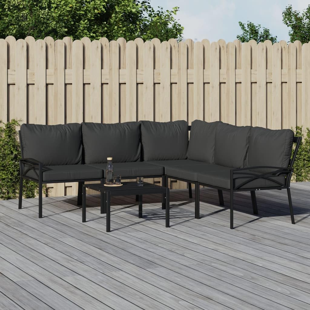 vidaXL 6-Piece Outdoor Patio Lounge Set with Coffee Table, Corner Chair, Middle Chairs, Side Chairs, Steel Structure, Powder-Coating, Removable Gray Cushions