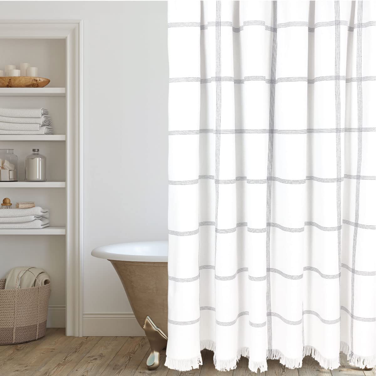Hall & Perry Modern Farmhouse Tassel Shower Curtain 100% Cotton Striped Fabric Shower Curtain With Tassels For Bathroom D?Or (Bl