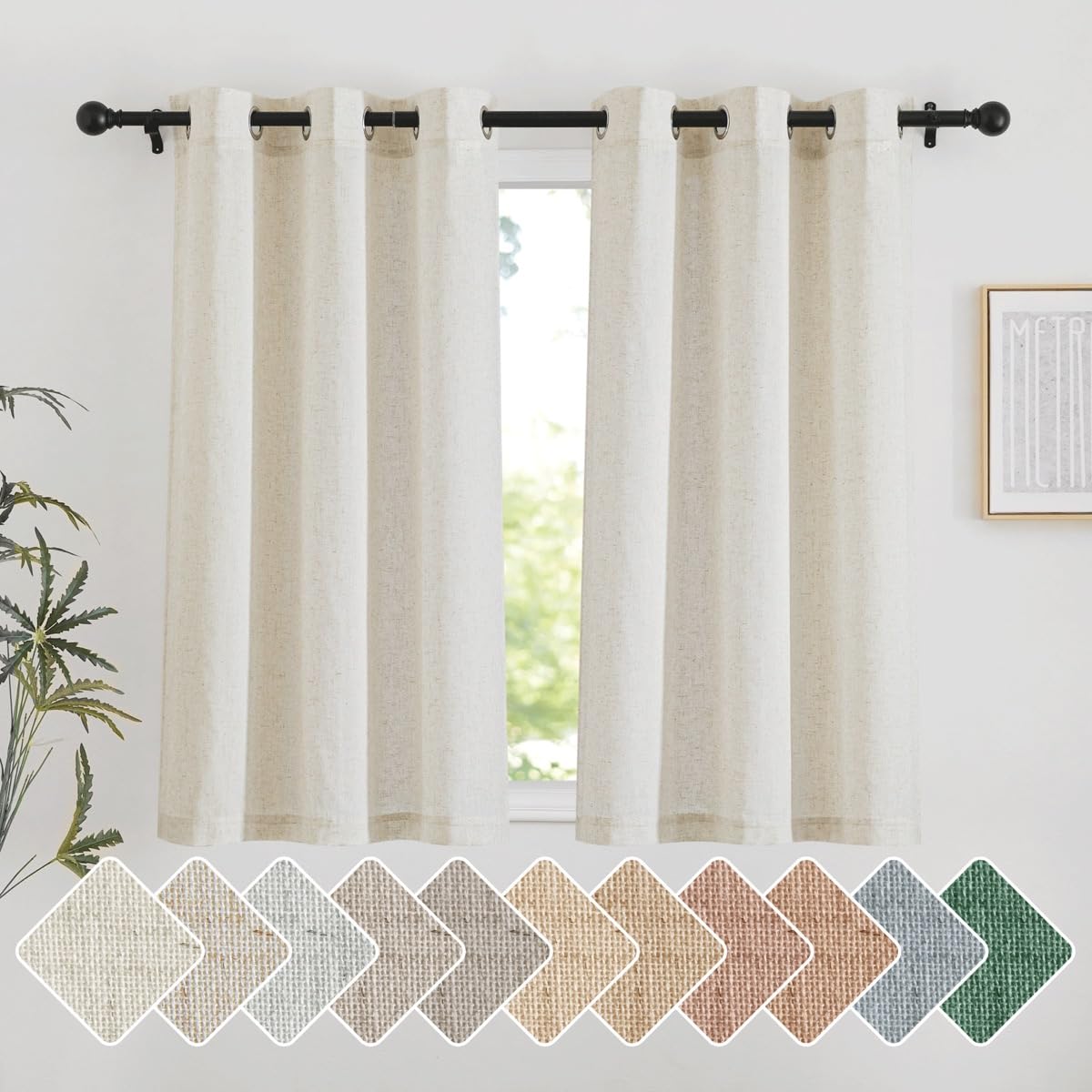 Nicetown Natural Short Linen Curtains For Kitchen, Thick Flax Small Window Treatments Semi Sheer Privacy Assured With Light Through For Cafe/Bathroom, W42 X L48, 2 Panels