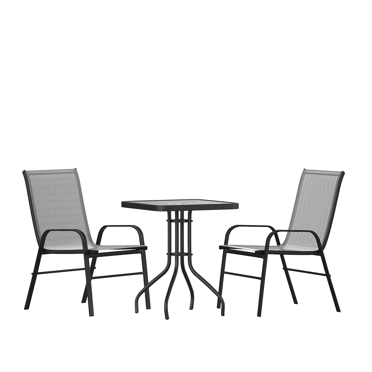 Flash Furniture 2 Flex Comfort Stack Chairs, 23.5&quot; Square Tempered Glass Patio Table, Gray