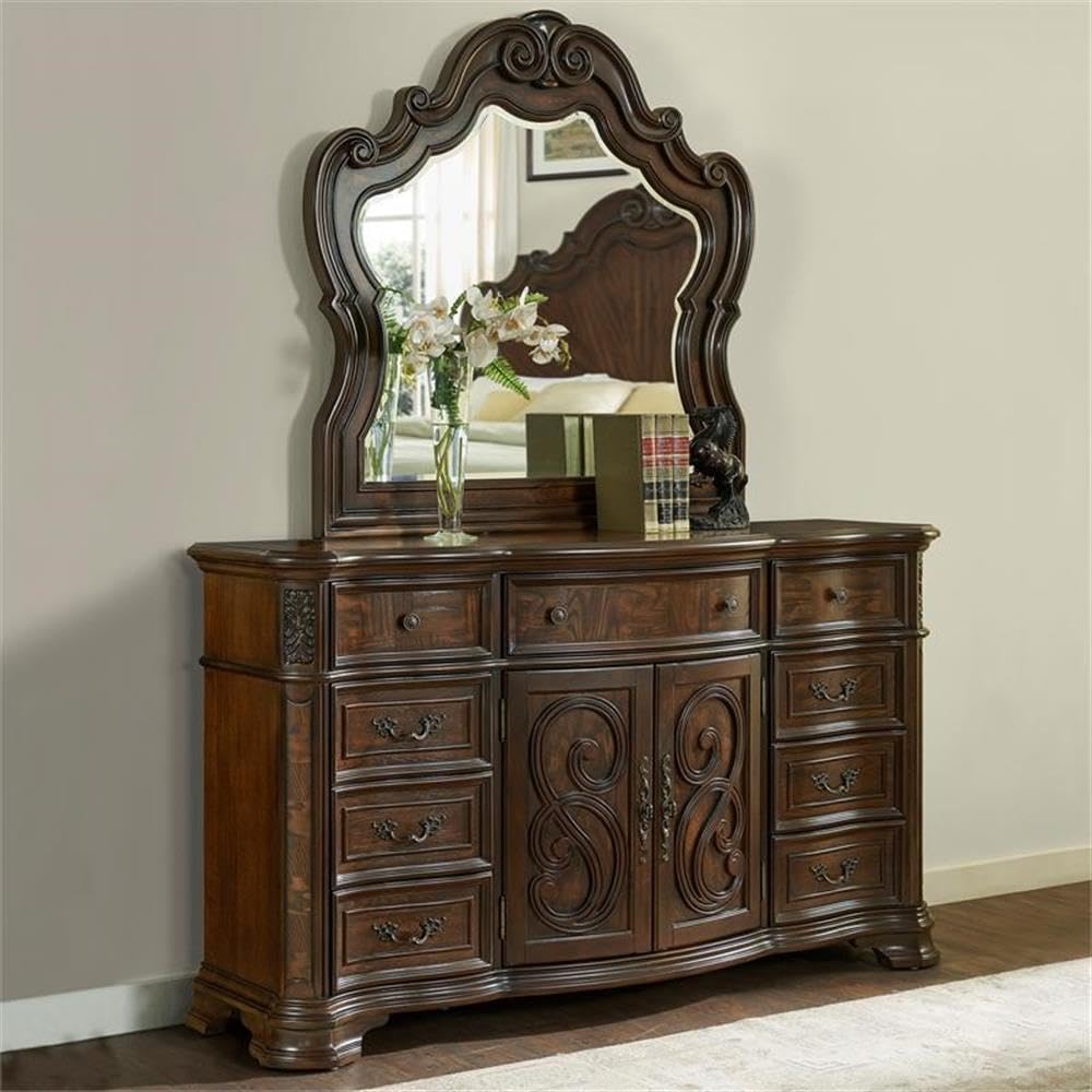 Steve Silver Royale Brown Cherry 9-Drawer Dresser and Mirror
