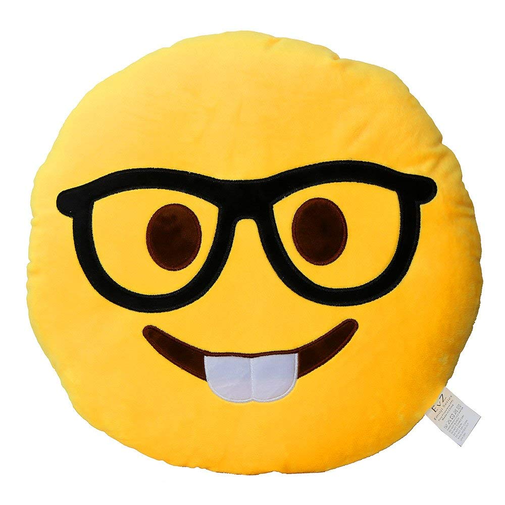 Evz Emoji Glasses Boy Face Emoticon Cushion Stuffed Plush Soft Pillow, Official Certified, 32Cm Yellow