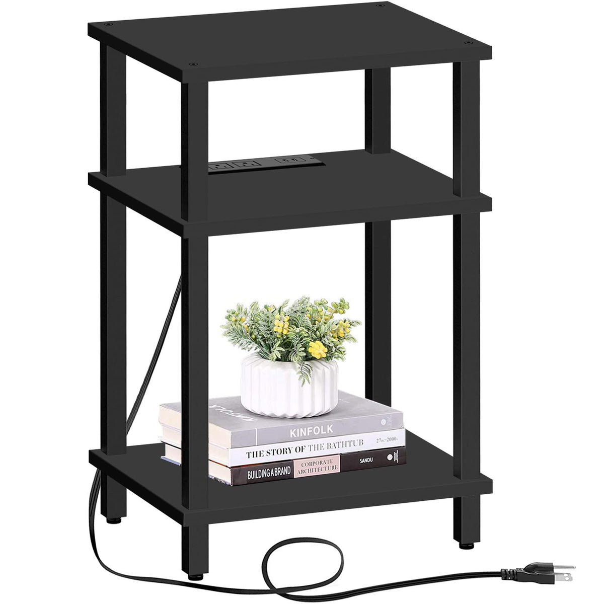TUTOTAK End Table with Charging Station, Side Table with USB Ports and Outlets, Nightstand, 3-Tier Storage Shelf, Sofa Table for