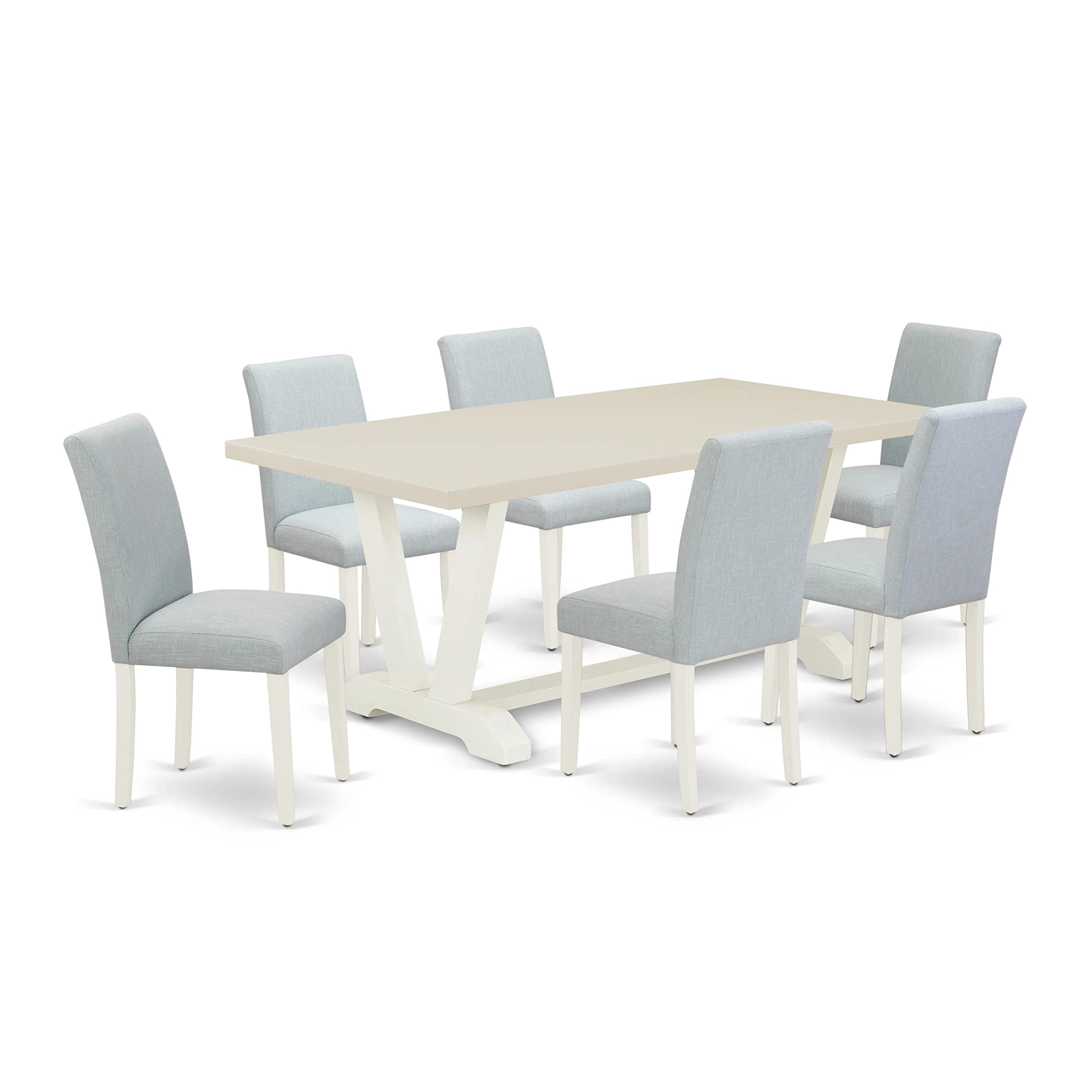 East West Furniture V-Style 7 Piece Set Consist Of A Rectangle Dining Room Table With V-Legs And 6 Baby Blue Linen Fabric Upholstered Chairs, 40X72 Inch, Multi-Color