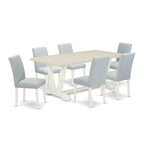 East West Furniture V-Style 7 Piece Set Consist Of A Rectangle Dining Room Table With V-Legs And 6 Baby Blue Linen Fabric Upholstered Chairs, 40X72 Inch, Multi-Color