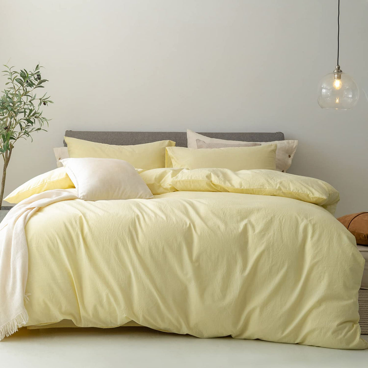 Fossa Duvet Cover Set 100% Washed Cotton Linen Feel Super Soft Breathable Cozy 3 Pieces Bedding Sets Solid Light Yellow Queen