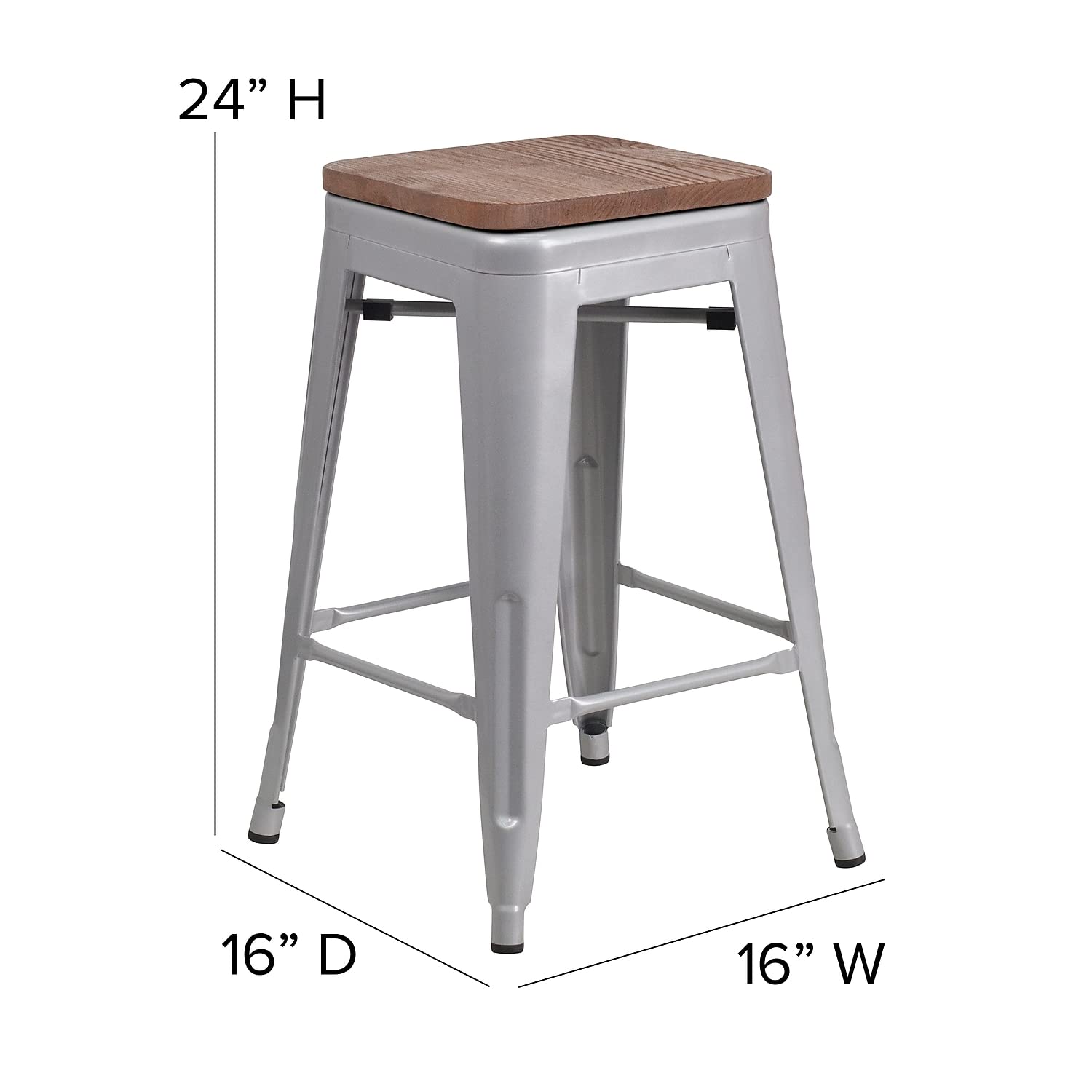 Flash Furniture Lily 24' High Backless Silver Metal Counter Height Stool With Square Wood Seat (Pack Of 1)