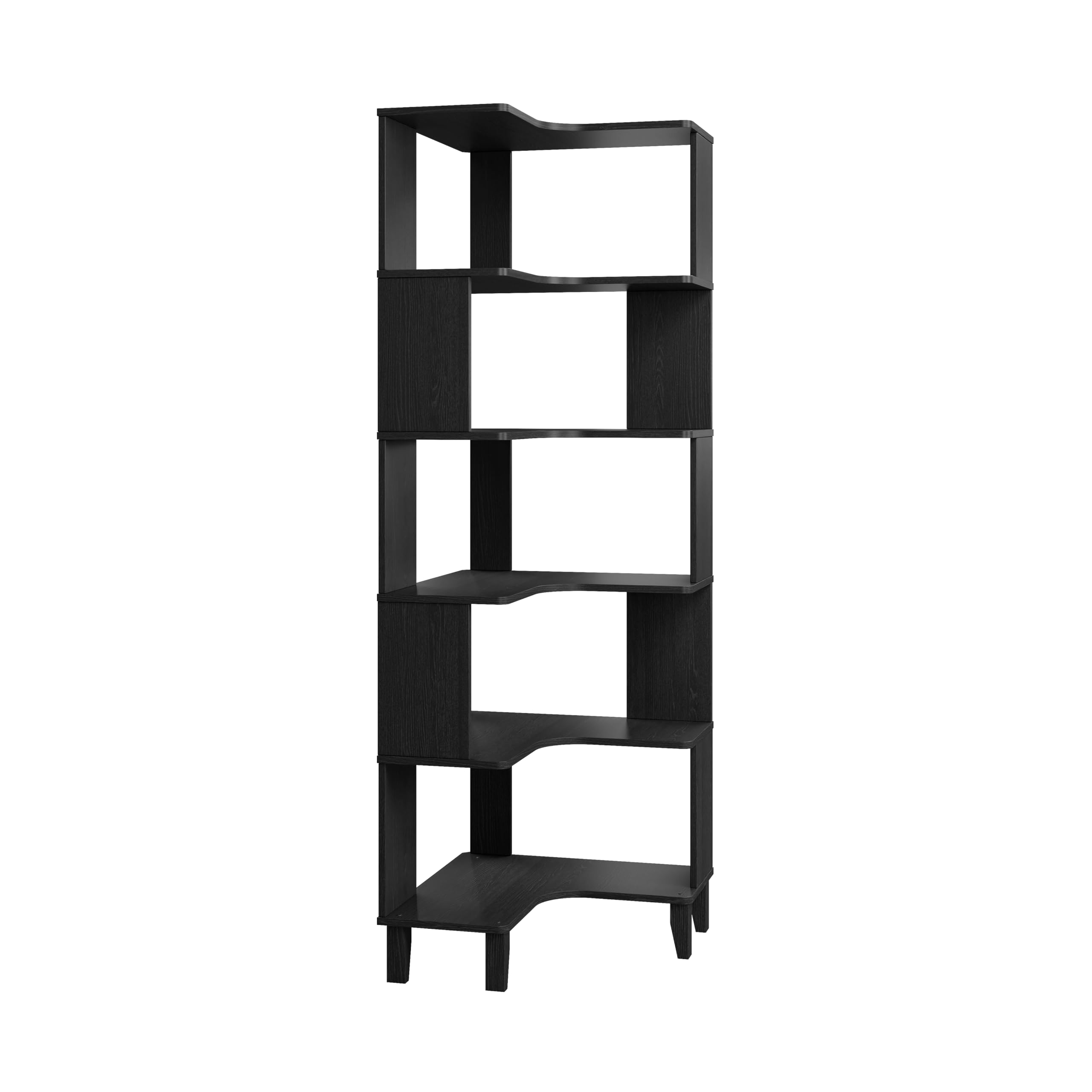 Prepac Nordik 6-Tier Black Modern Mid Century Corner Bookcase, 71.5 Extra Tall Black Corner Shelf with Storage, Multifunctional 