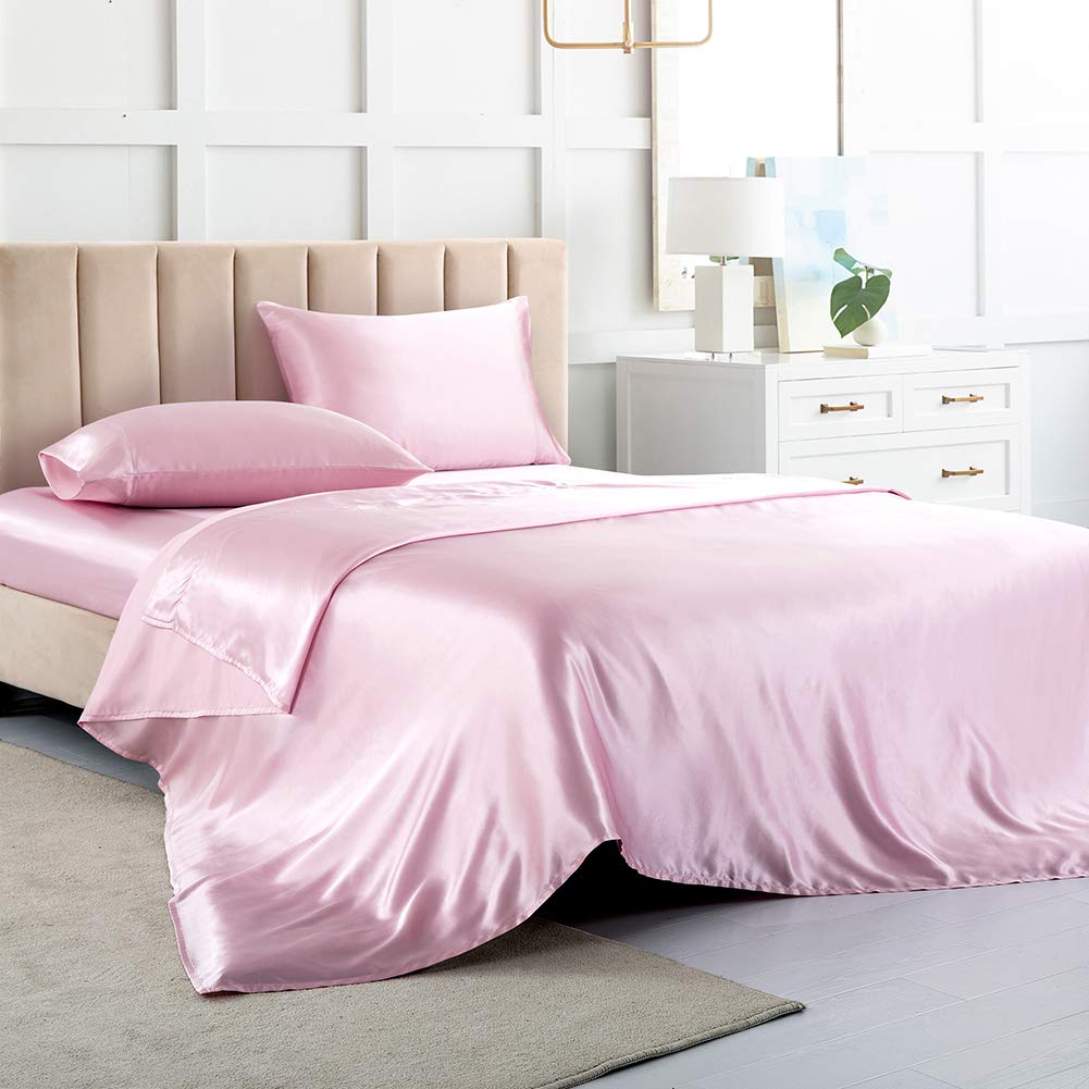 Satin Bed Sheets King Size Sheets, Pink Silk Sheets, 4 - Pieces Soft Bedding Set With 1 Deep Pocket Fitted Sheet,1 Flat Sheet,2
