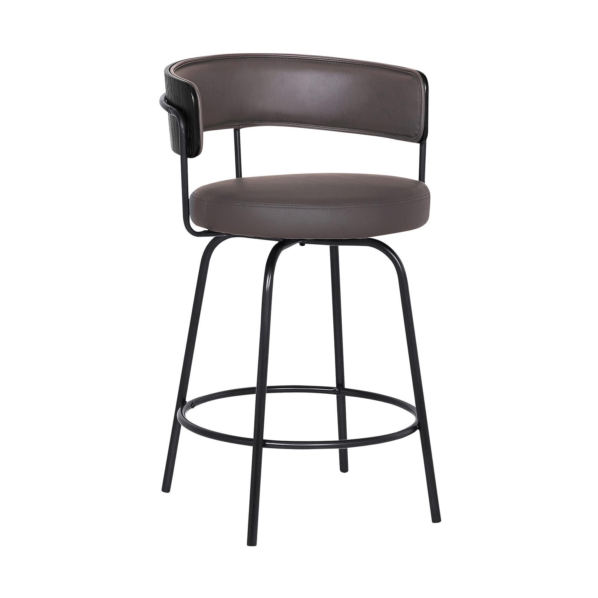 HomeRoots Black Steel,Faux Leather,Plywood 26' Gray Faux Leather Modern Swivel Bar Stool