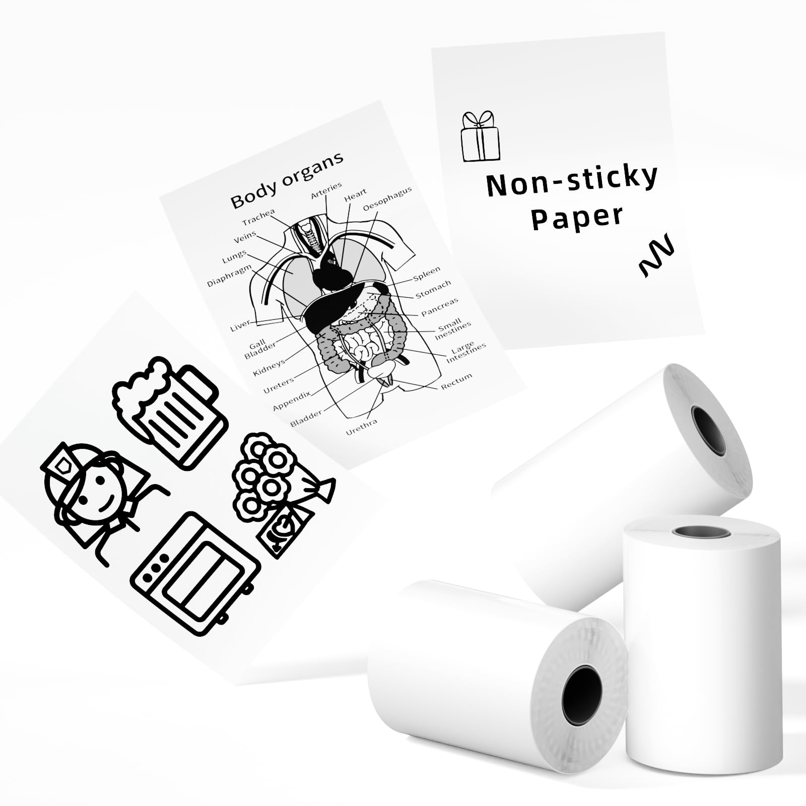 Phomemo White Thermal Paper- Non-Sticky Printable Paper For Phomemo T02/M02X/M02L/Y02C/Q02 Mini Sticker Printer, Black On White,