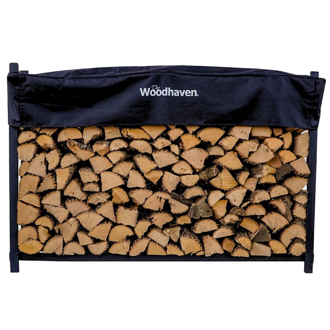 Woodhaven 6 Foot Black - Heavy Duty Made In The Usa - Outdoor Cord Firewood Storage Log Rack With Seasoning Cover Set - Metal Fi