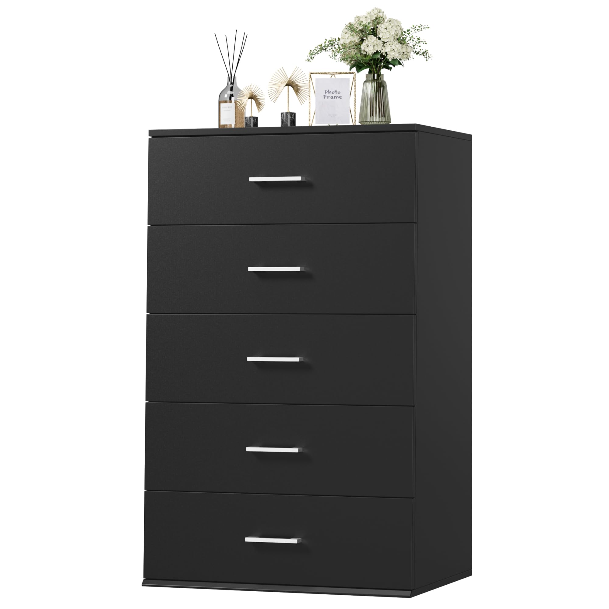 Ttview Tall Black Dresser, 5 Drawer Dresser With Large Capacity, Tall Dresser With Metal Handles, Chest Of Drawers Cabinet Wood Dresser For Hallway Living Room
