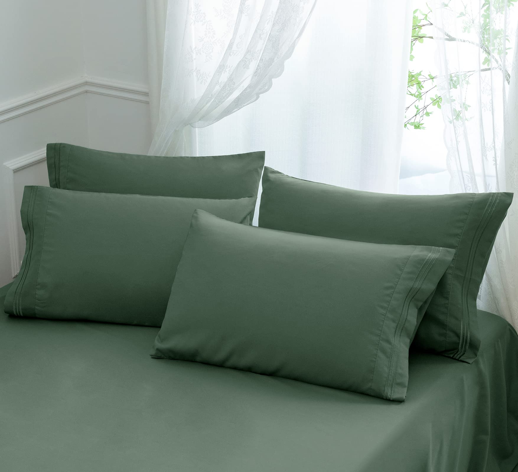 Aormenzy Microfiber Pillow Cases - Queen Size Set Of 4-1800 Thread Count Ultra Soft Green Pillowcases - Wrinkle Resistant Pillow