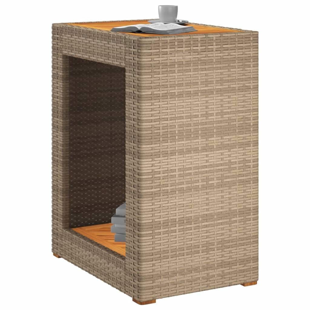 vidaXL Patio Side Table - Beige 23.6"x15.7"x29.5" - Durable Poly Rattan & Acacia Wood Top - Outdoor/Garden/Backyard Furniture