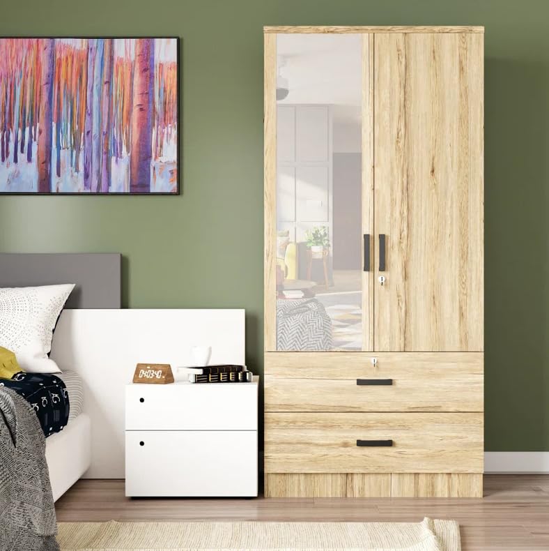 Woodpeckers Furniture And Mattress Mirrored 2 Doors Wardrobe & 2 Drawers 72&quot; Tall (Natural Oak)