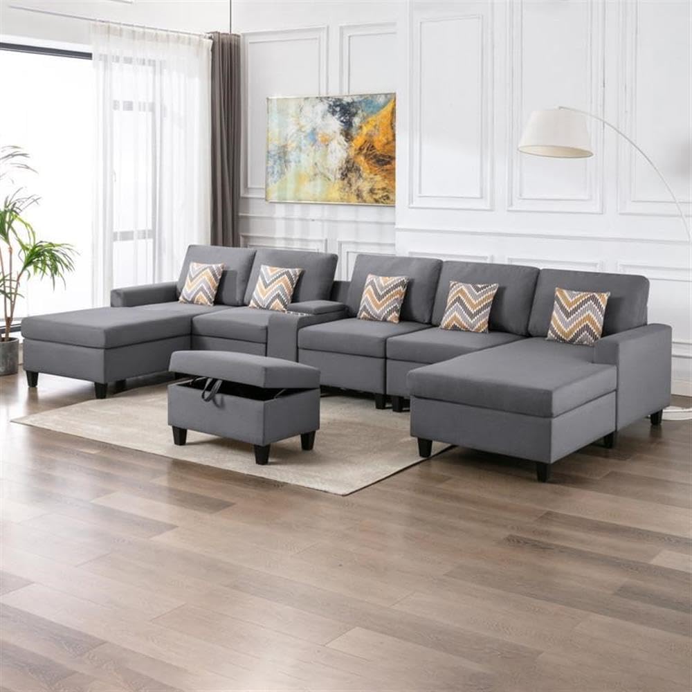 Lilola Home Nolan Gray Linen Fabric 7Pc Double Chaise Sectional Sofa with Interchangeable Legs, Storage Ottoman, Pillows, and a USB, Charging Ports, Cupholders, Storage Console Table