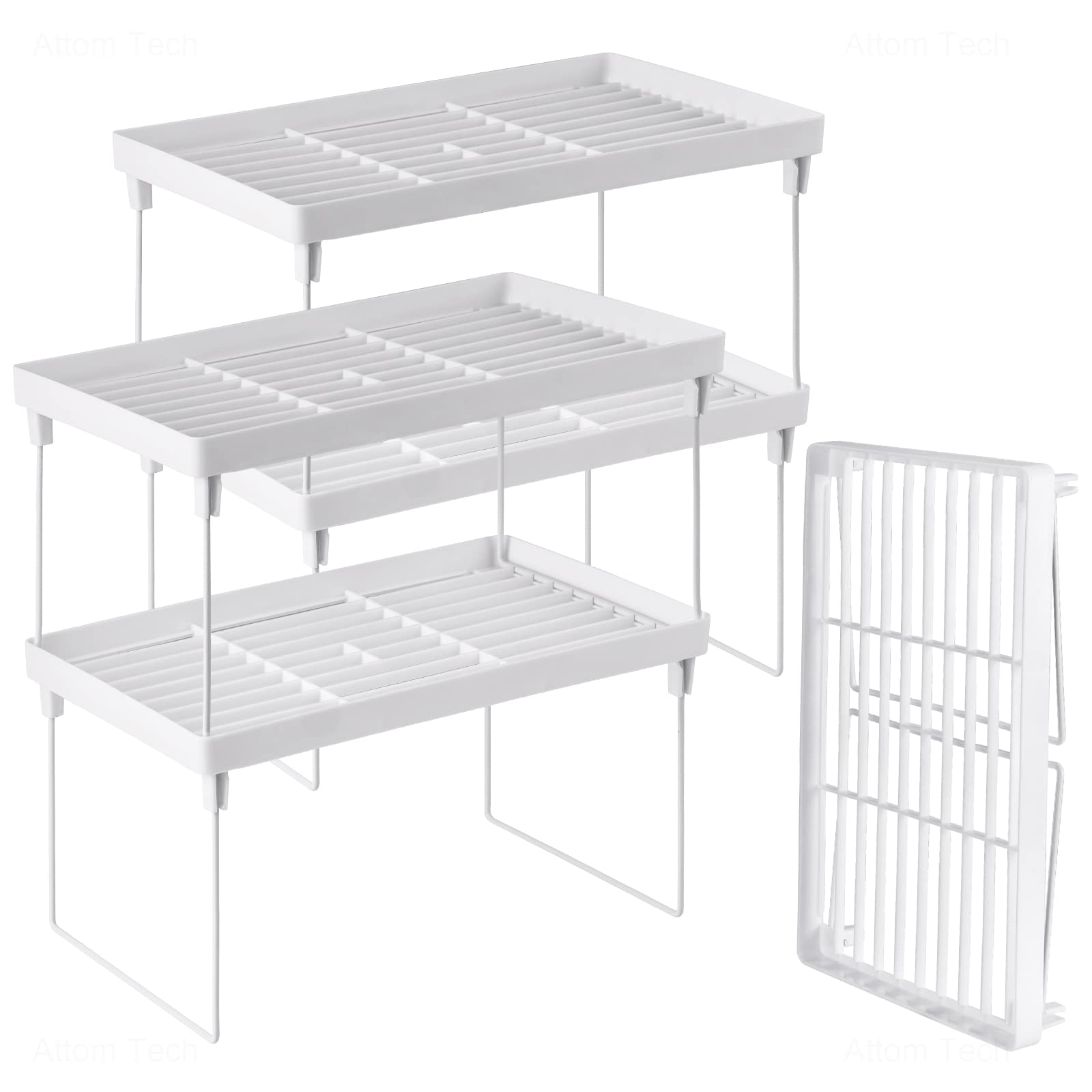 NiHome 4-Pack Stackable Plastic Kitchen Storage Shelf Foldable Rack - White Kitchen Cabinet Organizer and Storage Shelves Stacka