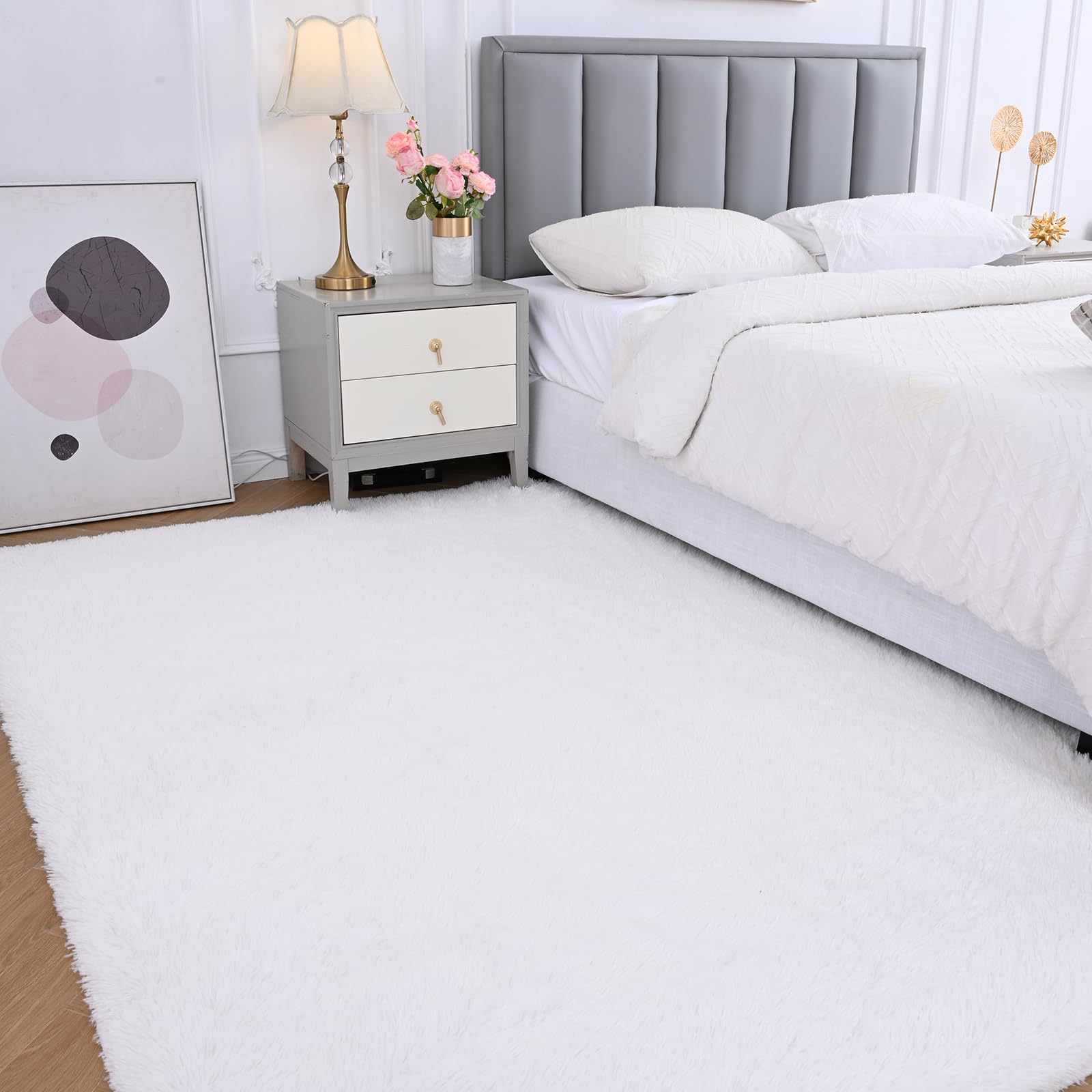 Fluffy Area Rug for Bedroom: White Plush Soft Bedside Dorm Area Rug - Small Carpets for Bedroom Kids Room Nursery (White, 3x5Fee