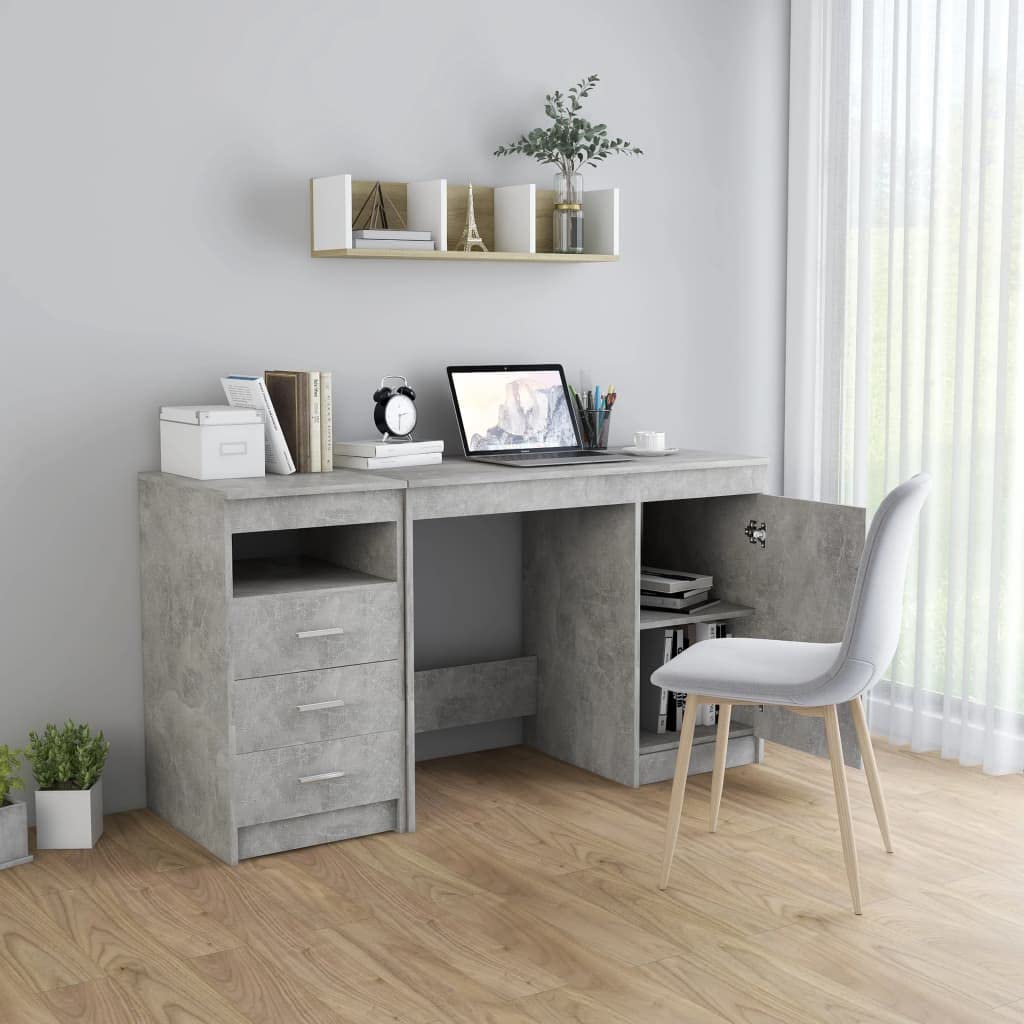 vidaXL Modern Desk with Drawers and Door - 55.1&quot;x19.7&quot;x29.9&quot; Engineered Wood Study Desk with Storage - Concrete Gray Office Furniture