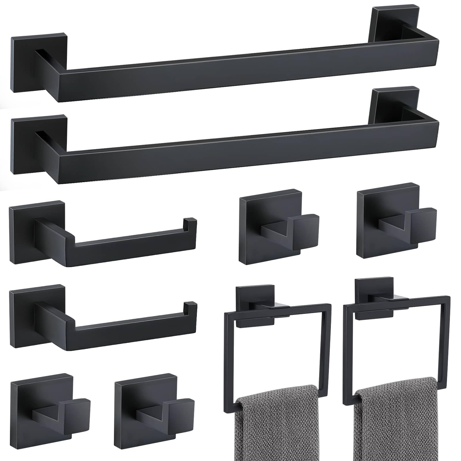 TNOMS Matte Black 10 Pieces Bathroom Hardware Accessories Set Towel Bar Set Towel Holder Racks Set for Bathroom,SUS304 Stainless
