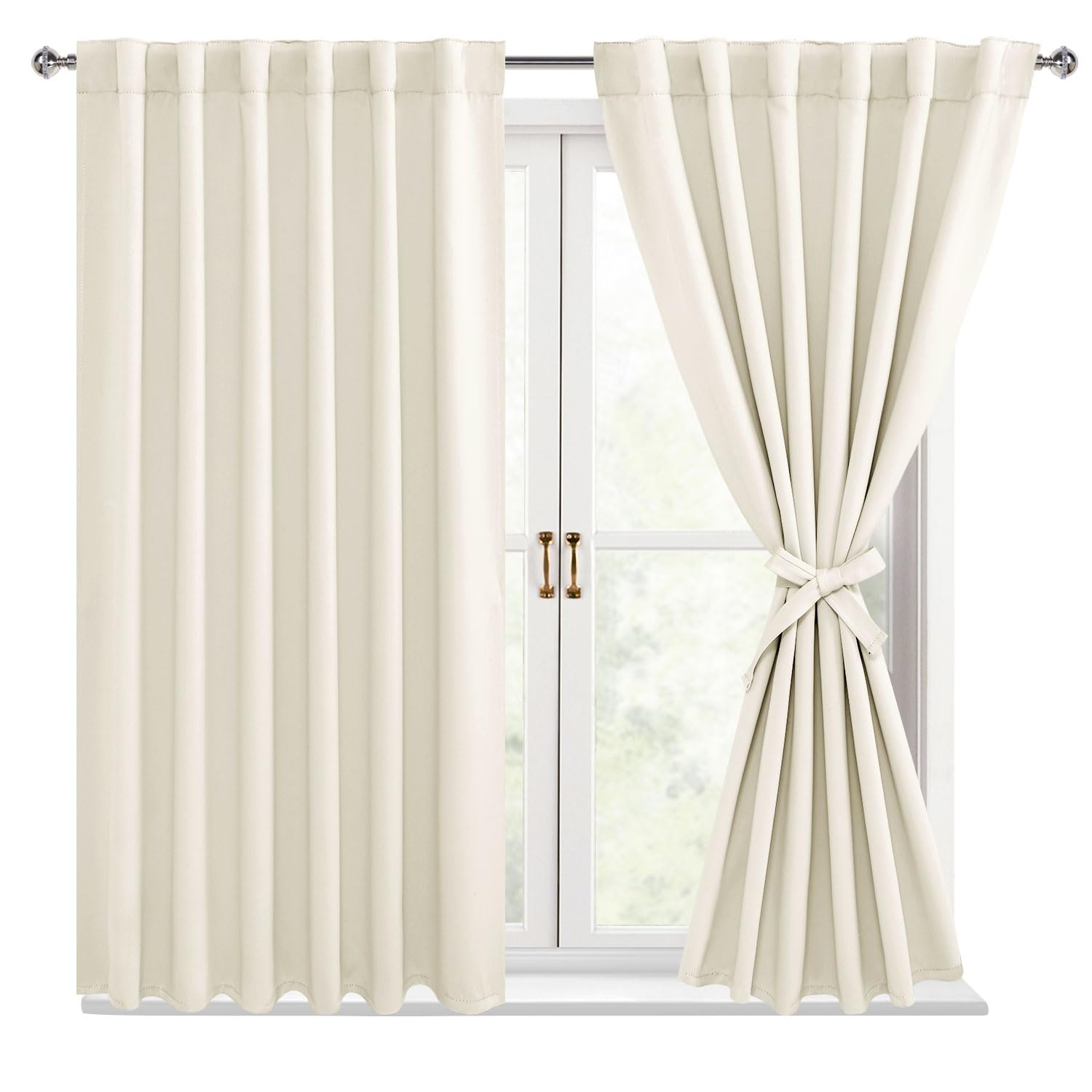 Hiasan Ivory Room Darkening Curtains 45 Inches Long, Light Blocking Thermal Insulated Rod Pocket & Back Tab Drapes Sewn With Tie
