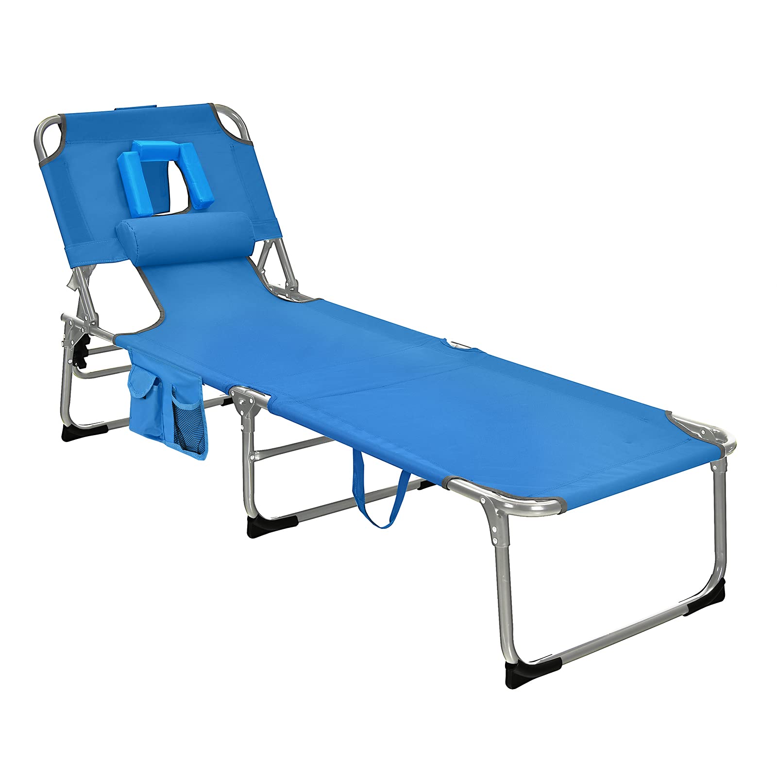 Gymax Tanning Chair, Folding Beach Lounger With Face Arm Hole, Adjustable Backrest, Side Pocket, Pillow & Carry Handle, Outside Sunbathing Lounge Chair For Patio, Poolside, Lawn (1, Navy)