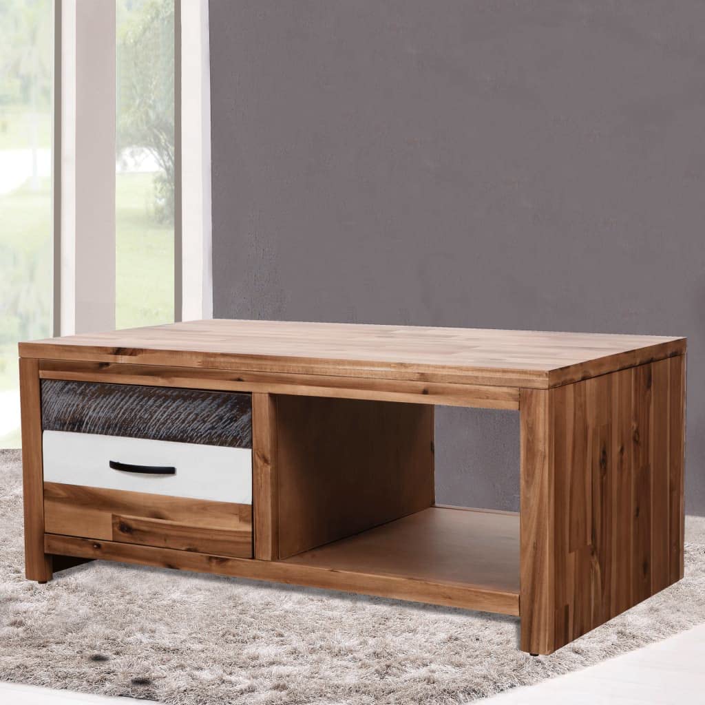 vidaXL Solid Acacia Wood Coffee Table - Practical and Stylish Living Room Furniture with Robust Construction, Ample Storage, and Unique Black and White Drawer Front