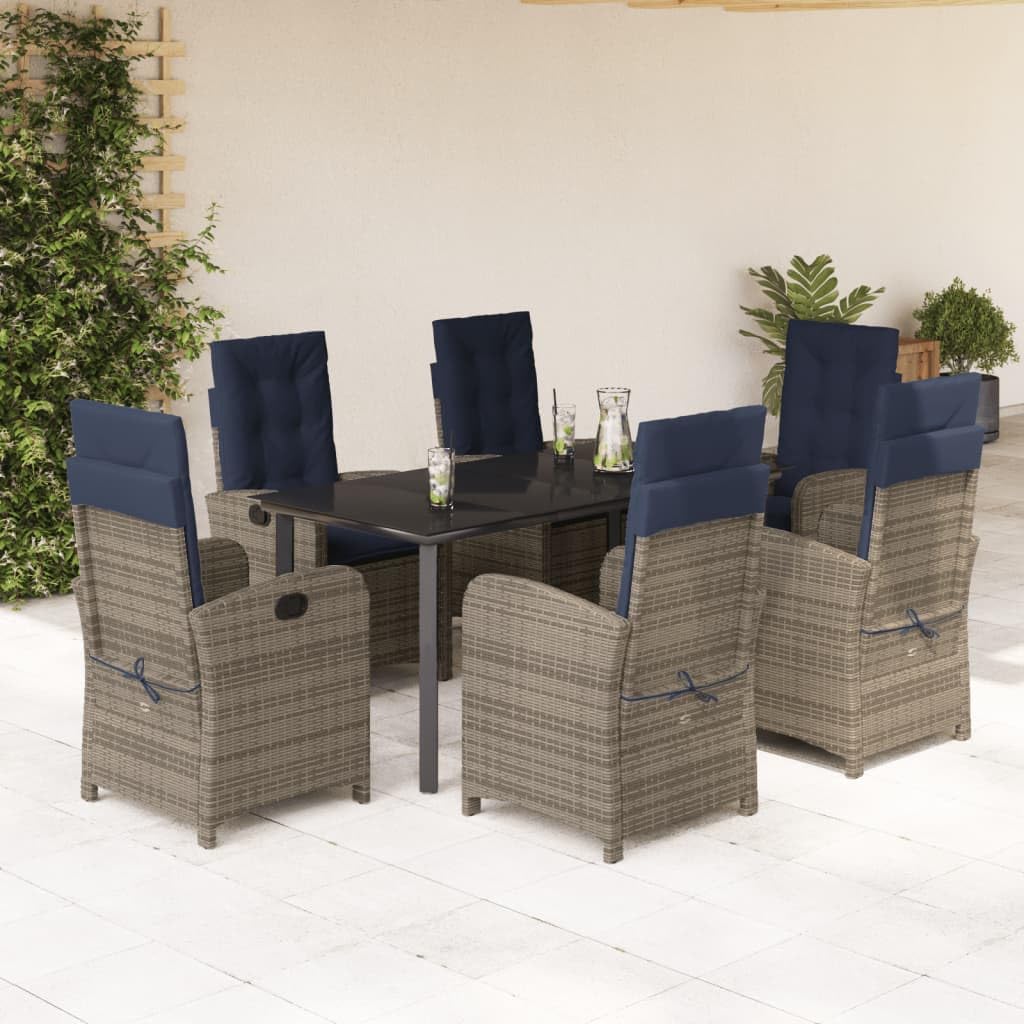vidaXL 7-Piece Poly Rattan Patio Dining Set with Adjustable Recliners & Tempered Glass Table - Navy Cushions, Gray