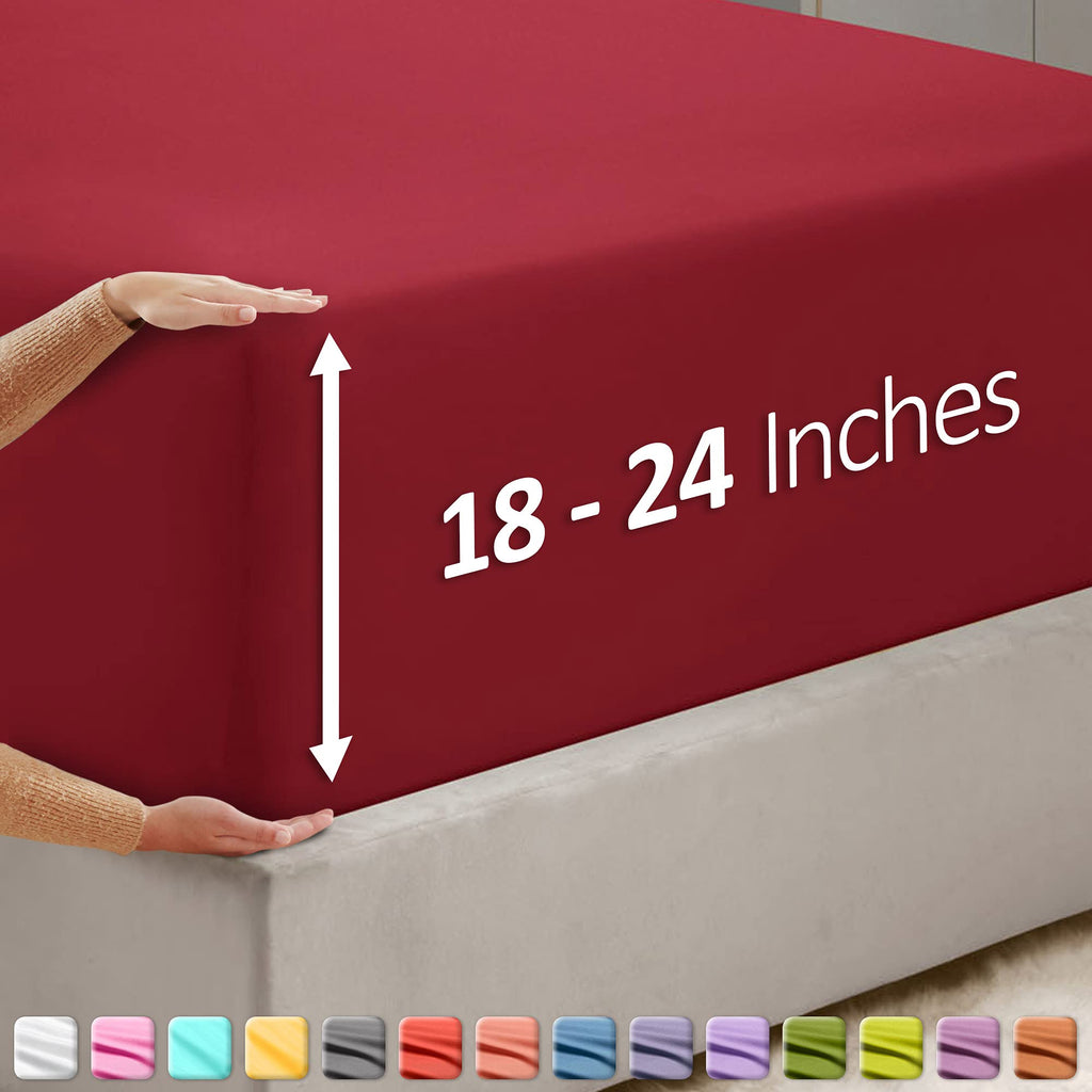 Nestl Burgundy Fitted Sheet Queen Size, Extra Deep Pocket Queen Fitted Sheet Only, 1800 Microfiber Fitted Bed Sheet, Ultra Soft Fitted Queen Sheet Fits Up To 24 Inch Mattress - Queen Size Fitted Sheet
