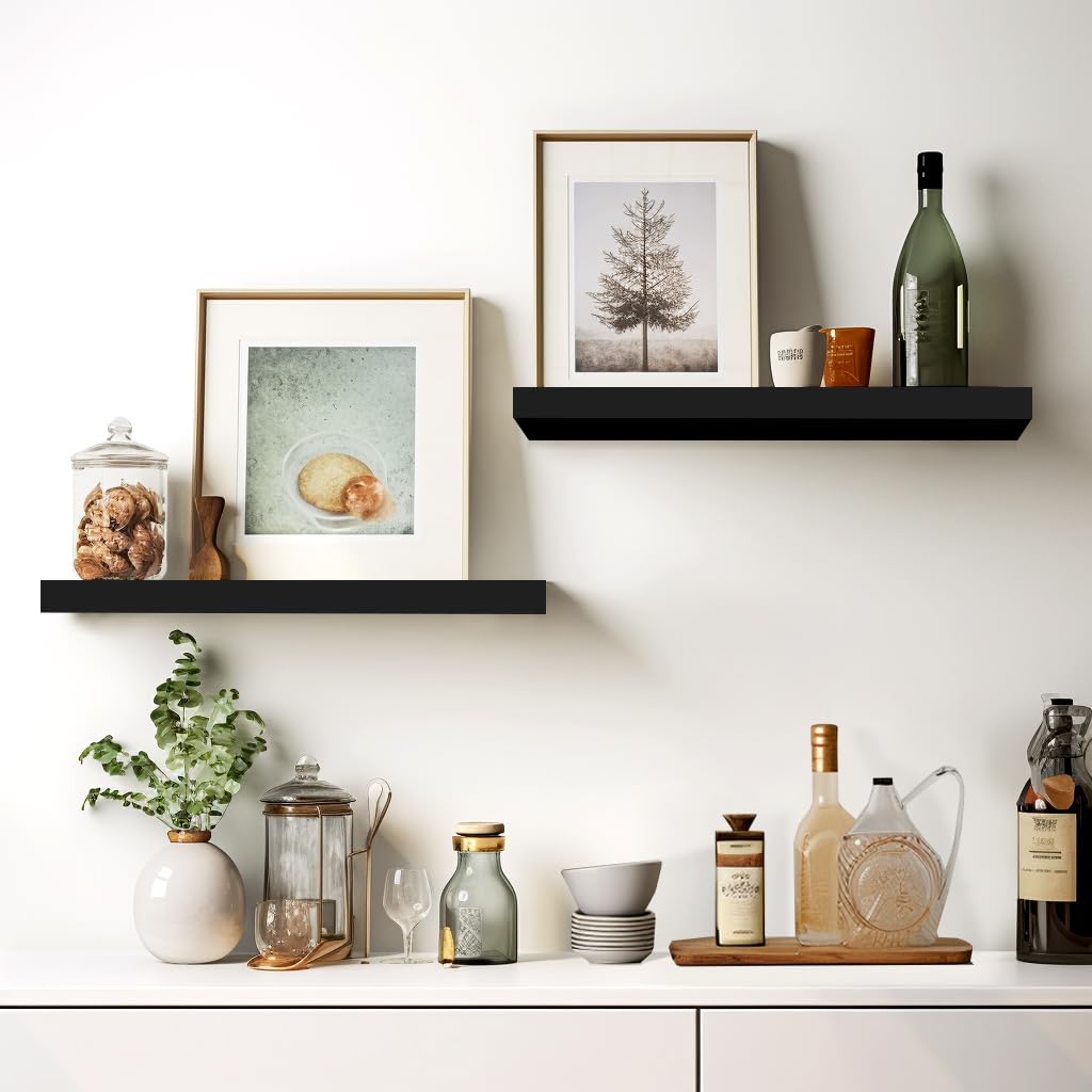 Lavie Home Floating Shelves, 15.6 Inch Wall Shelf Set Of 3, Hanging Shelf With Invisible Brackets, Wall Decor For Bathroom, Bedroom, Living Room, Kitchen Storage, Classic Black