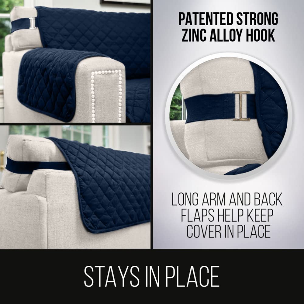 Sofa Shield Patented Chaise Slip Cover, Large Cushion Protector, Reversible Stain And Dog Tear Resistant Slipcover, Quilted Microfiber 102X34” Seat, Washable Covers For Dogs Pets Kids, Navy Sand
