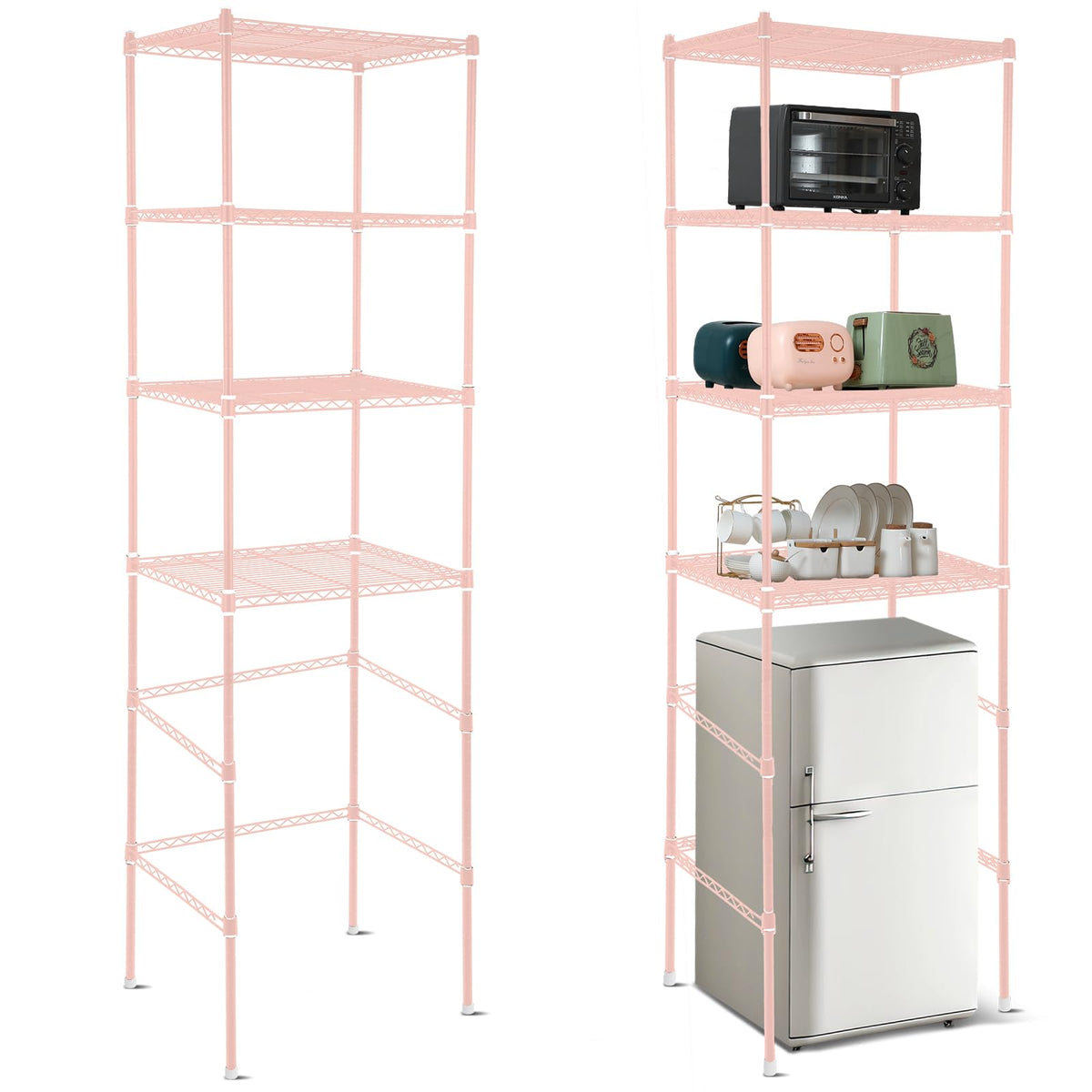 Huwena 4 Tier Over Mini Fridge Stand Metal Storage Shelf for Dorm,Pink
