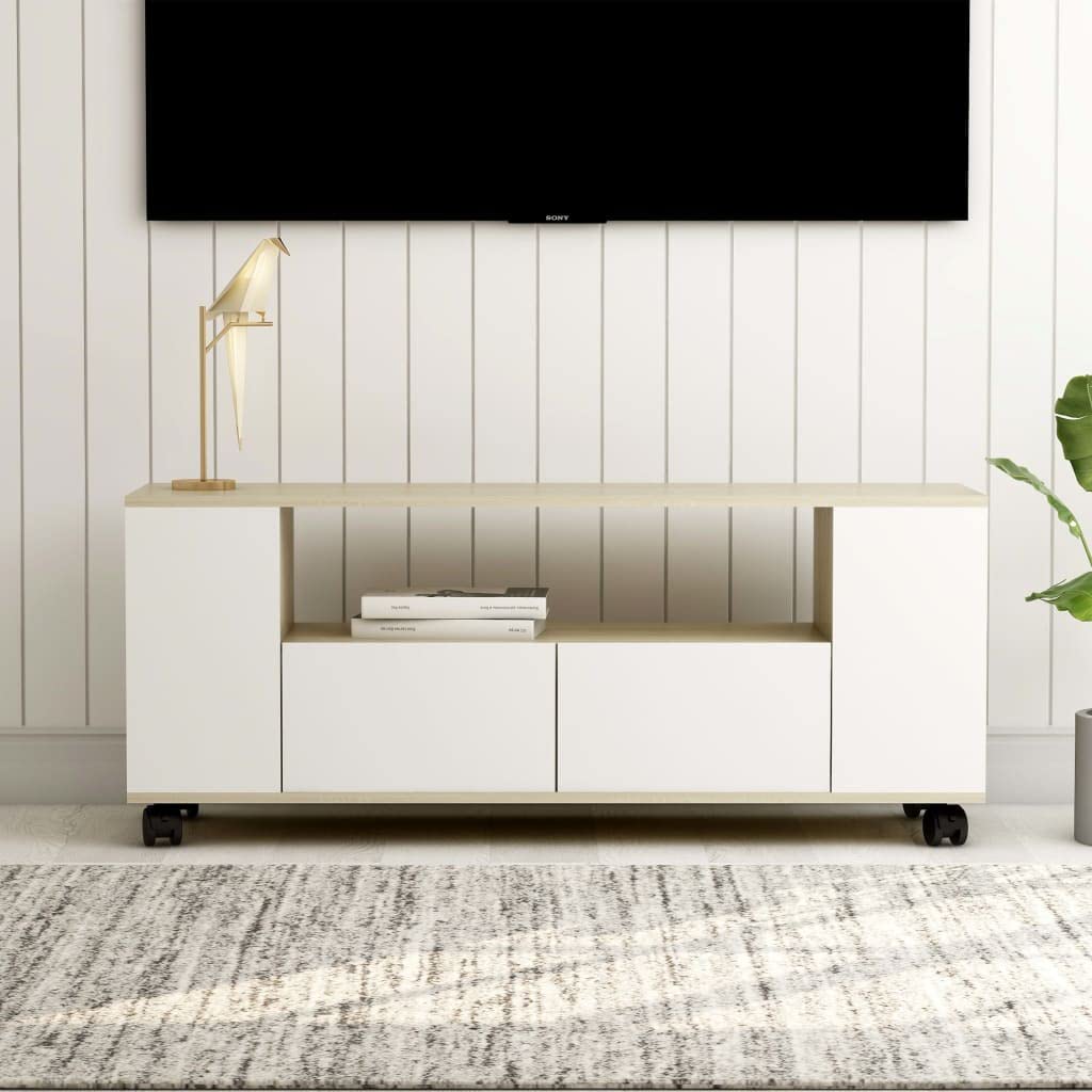 vidaXL TV Stand, TV Unit for Living Room, Sideboard with Drawer, Entertainment Center Media Unit, Modern, White and Sonoma Oak Engineered Wood