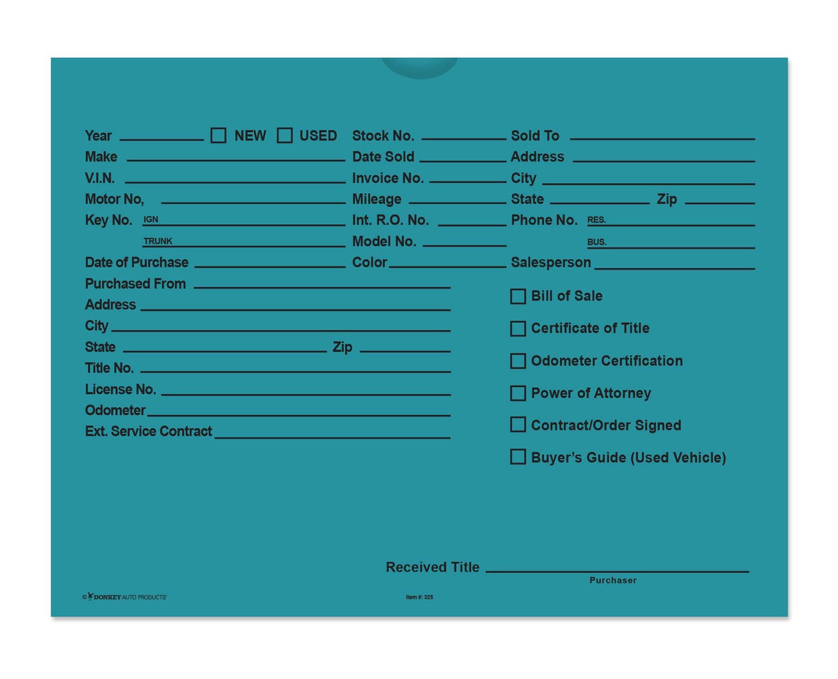 Printed Vehicle Deal Envelopes 9X12 Deal Jackets (100 Shrink Wrapped) (Teal)