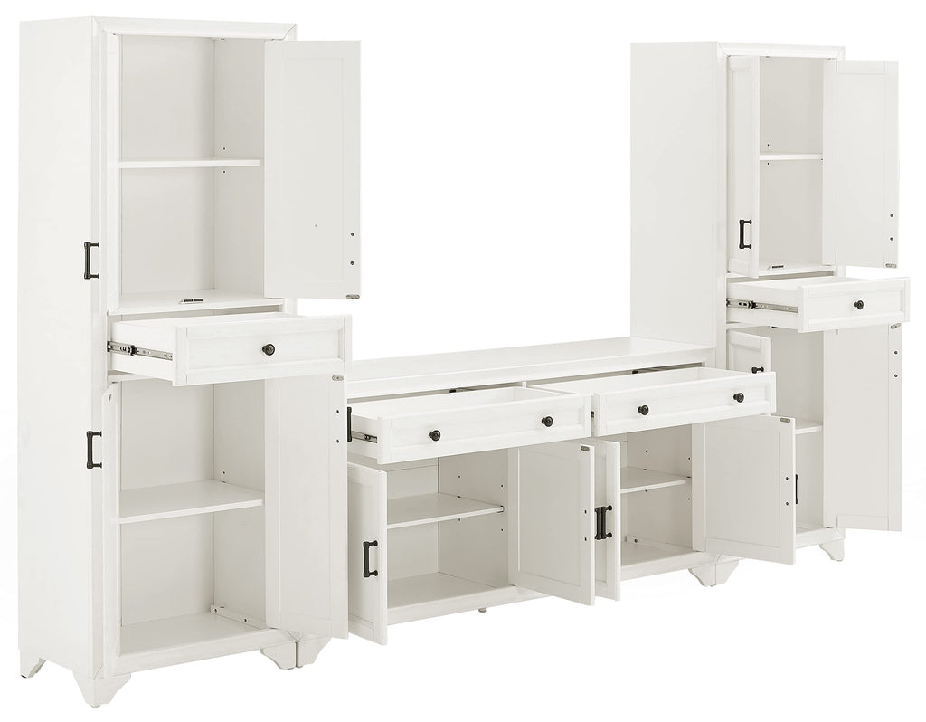 Crosley Furniture Tara 3-Piece Modern Farmhouse Sideboard Buffet Cabinet and Kitchen Storage Pantry Set, Distressed White