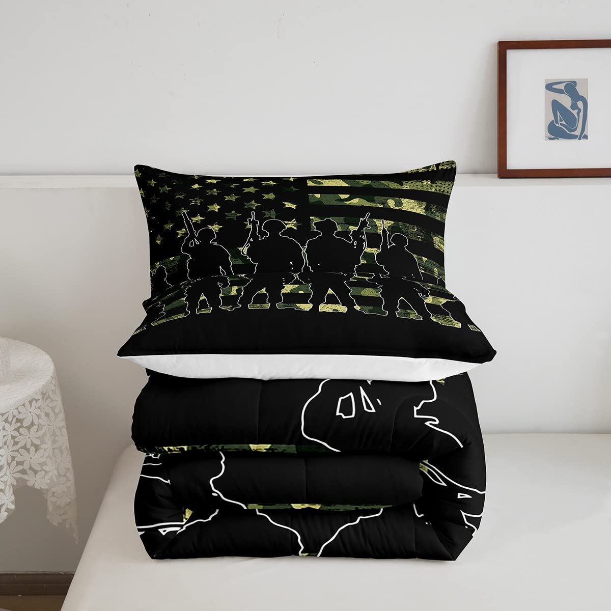 American Flag Comforter Set Twin For Boy Teen Armygreen Camouflage Down Comforter Adult Men Soldier Silhouettes Quilted Duvet Mi