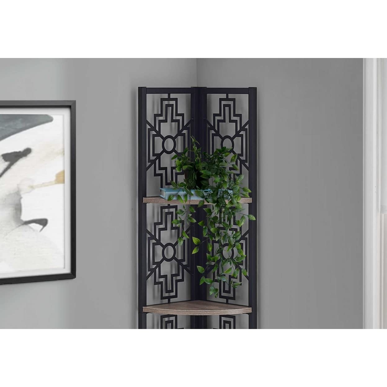 HomeRoots Dark Taupe,Black Metal,Particle Board 62&quot; Bookcase with 4 Solid Taupe Shelves and Black Metal Corner Etagere