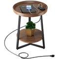 Gadroad Round End Table With Charging Station, Usb Ports, Wood Tabletop & Black Metal Frame, 2-Tier Side Table For Living Room, Bedroom, Brown 15.7 * 15.7 * 23.6Inches