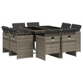 vidaXL Patio Dining Set - 9 Piece Outdoor Furniture with Cushions Gray Poly Rattan, Glass Table Top, Foldable Chairs