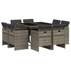 vidaXL Patio Dining Set - 9 Piece Outdoor Furniture with Cushions Gray Poly Rattan, Glass Table Top, Foldable Chairs