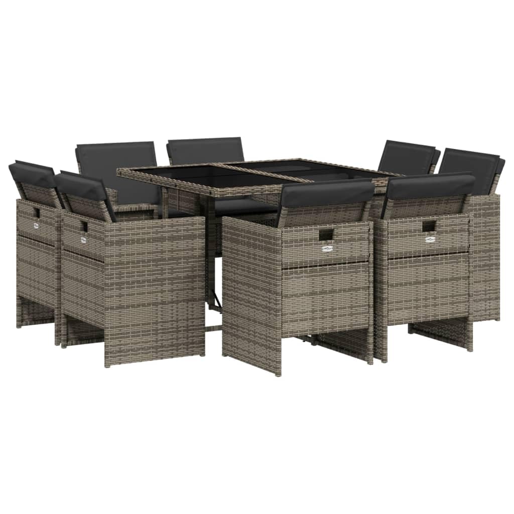 vidaXL Patio Dining Set - 9 Piece Outdoor Furniture with Cushions Gray Poly Rattan, Glass Table Top, Foldable Chairs