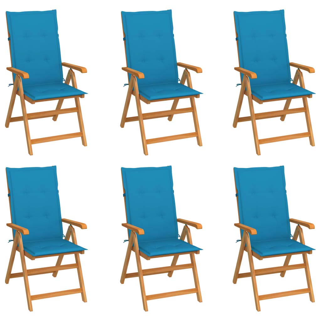 vidaXL 6 x Teak Wood Garden Chairs with Cushions, Outdoor Dining Chairs, Folding Patio Chairs, Blue