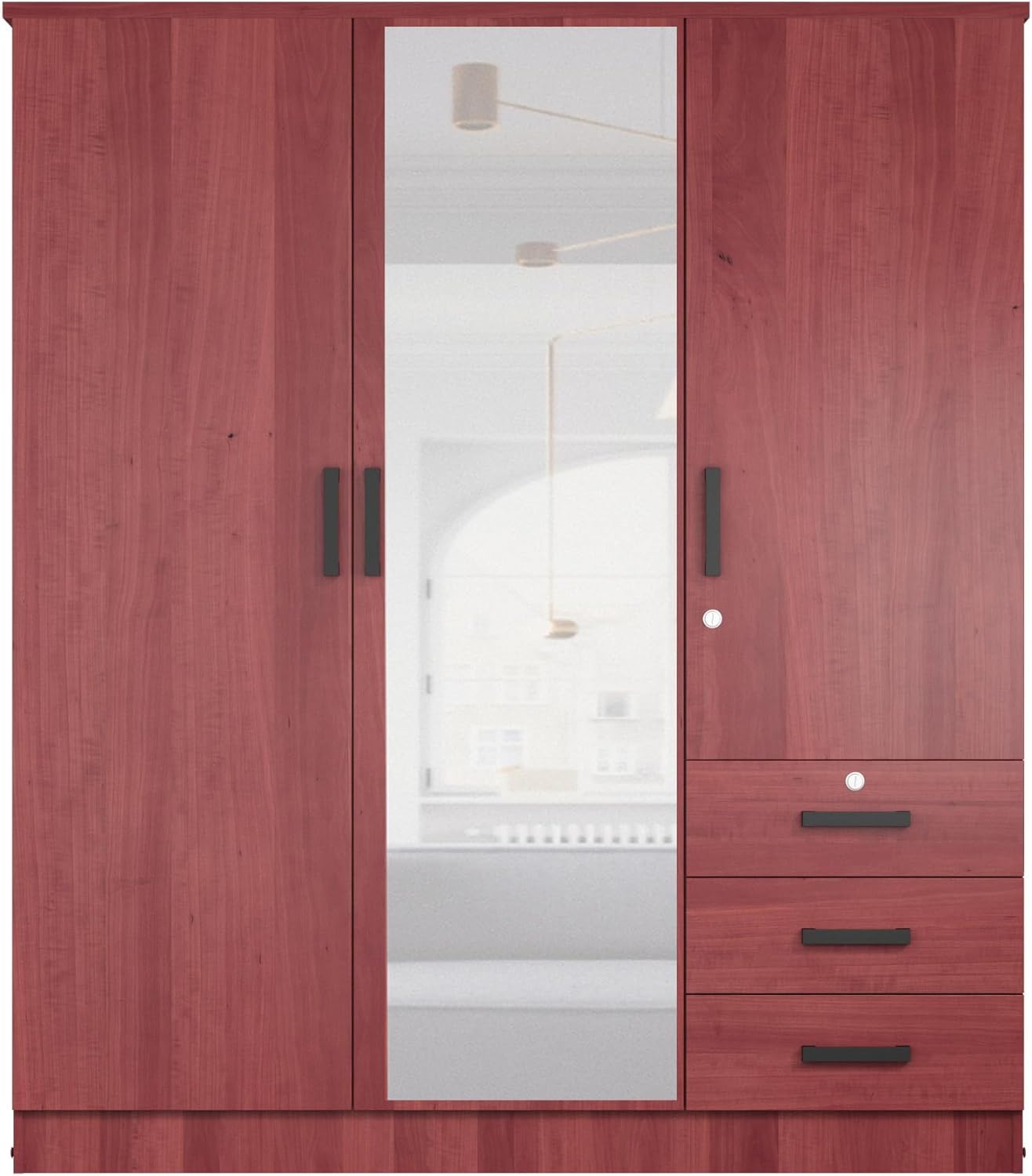 Violet Wardrobe Mirrored Door Closet 3 Doors and 3 Drawers (Mahogany)
