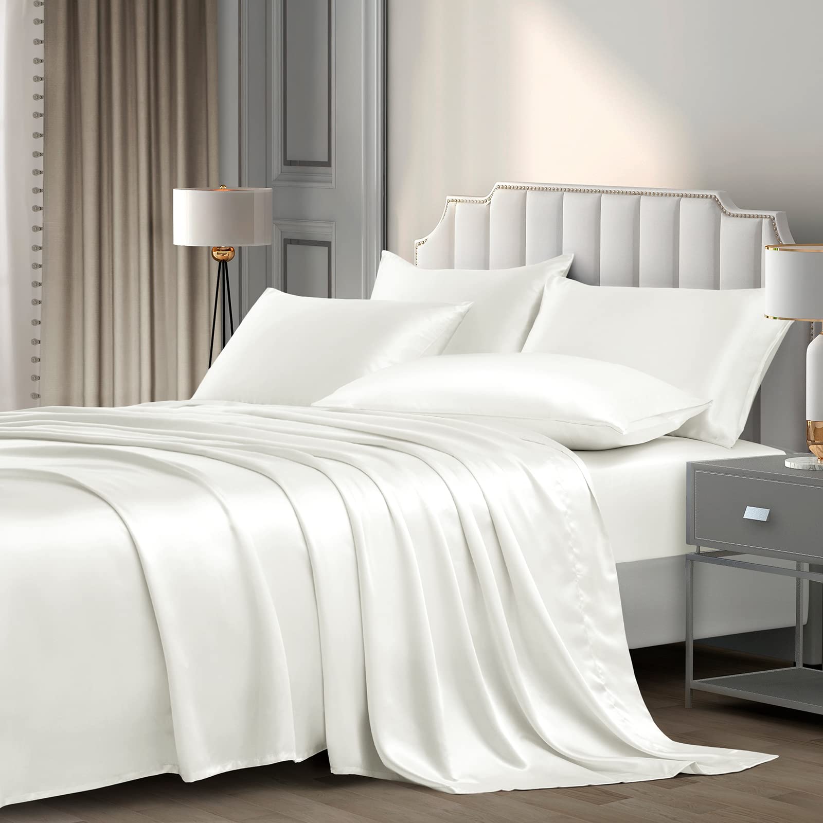 P Pothuiny 6 Pieces Queen Satin Sheets Luxury Silky Ivory White Satin Bedding Sheet Set, 1 Deep Pocket Fitted Sheet + 1 Flat She